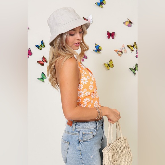 Daisy Print Open Back Halter Cropped Tank - Orange - Picture 11 of 16